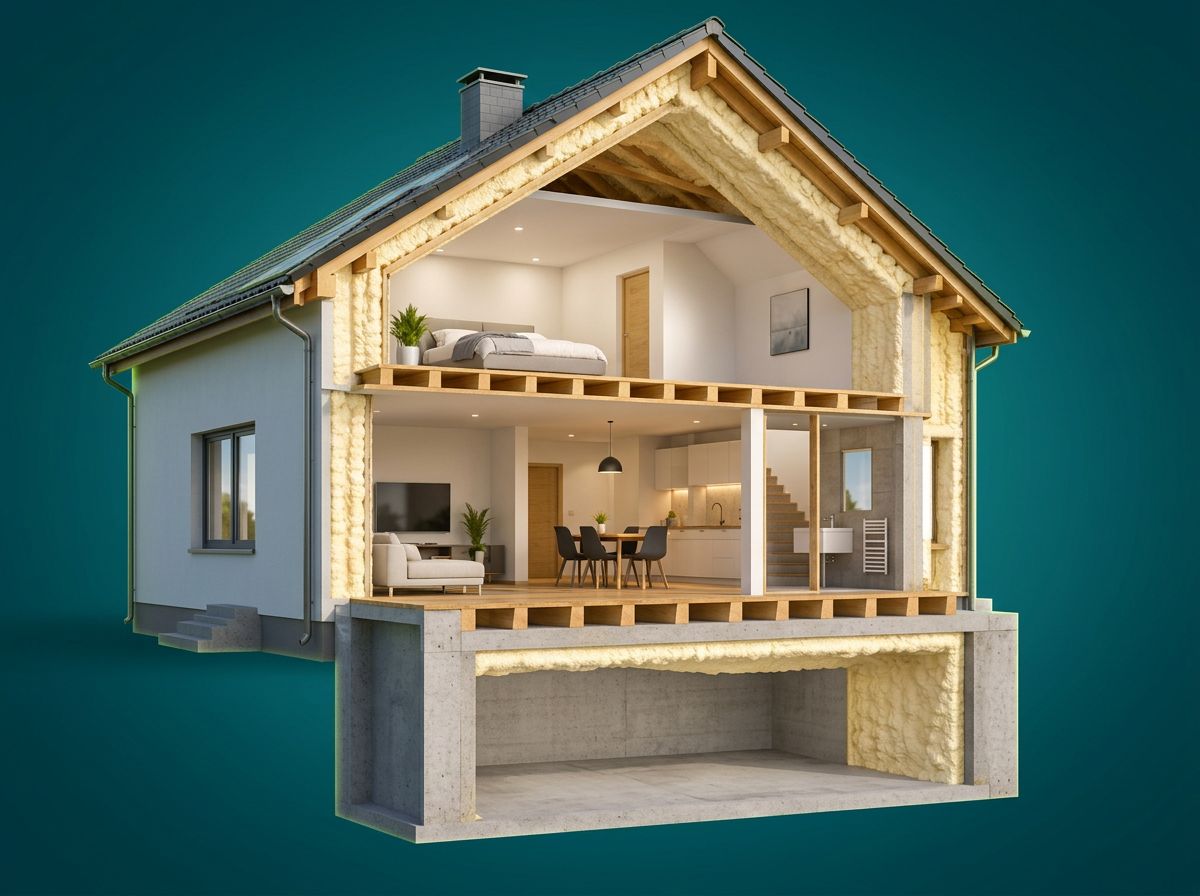 Fotorealistische Schnittdarstellung eines Einfamilienhauses mit Sprühschaum-Dämmung in Dach, Wänden und Kellerdecke